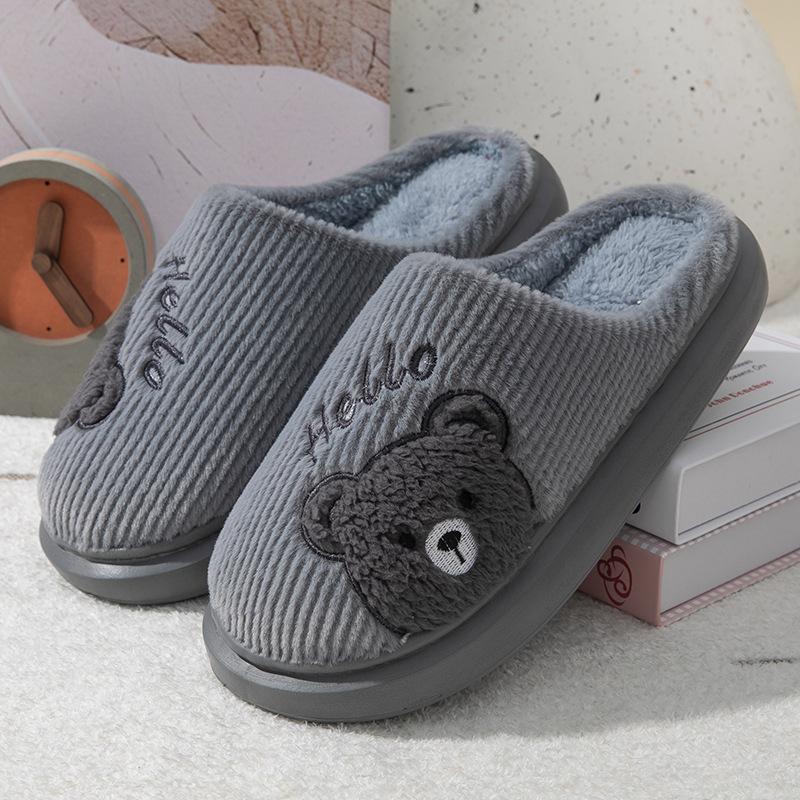 New cotton slippers cartoon bear female home indoor couple thickened and velvet home hospitality fluffy slippers male