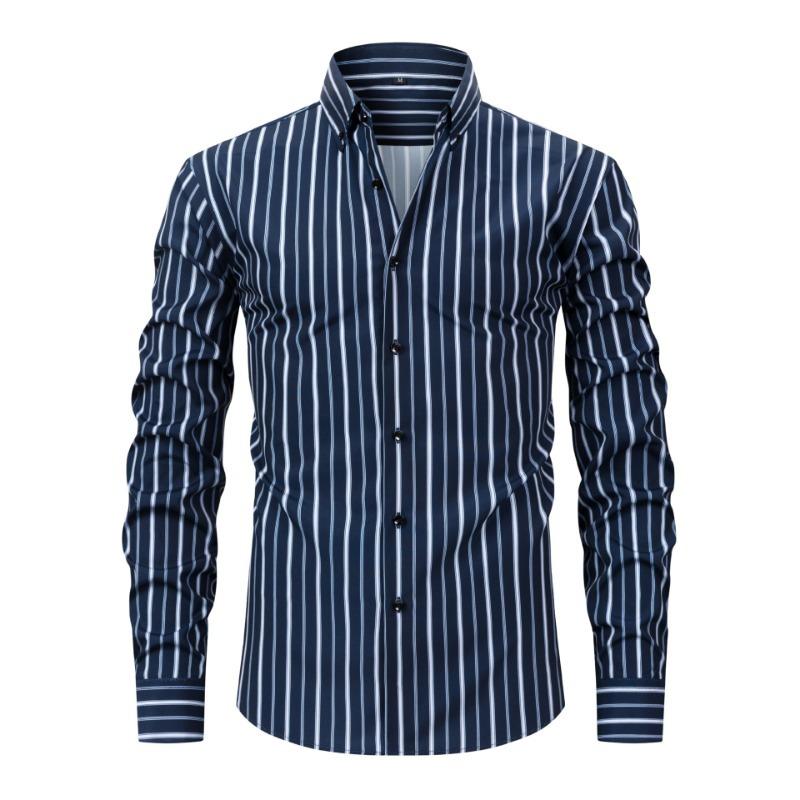 Four-sided Digital Printed Striped Long-sleeved Lapel Men's Shirt High-end Men's Shirt