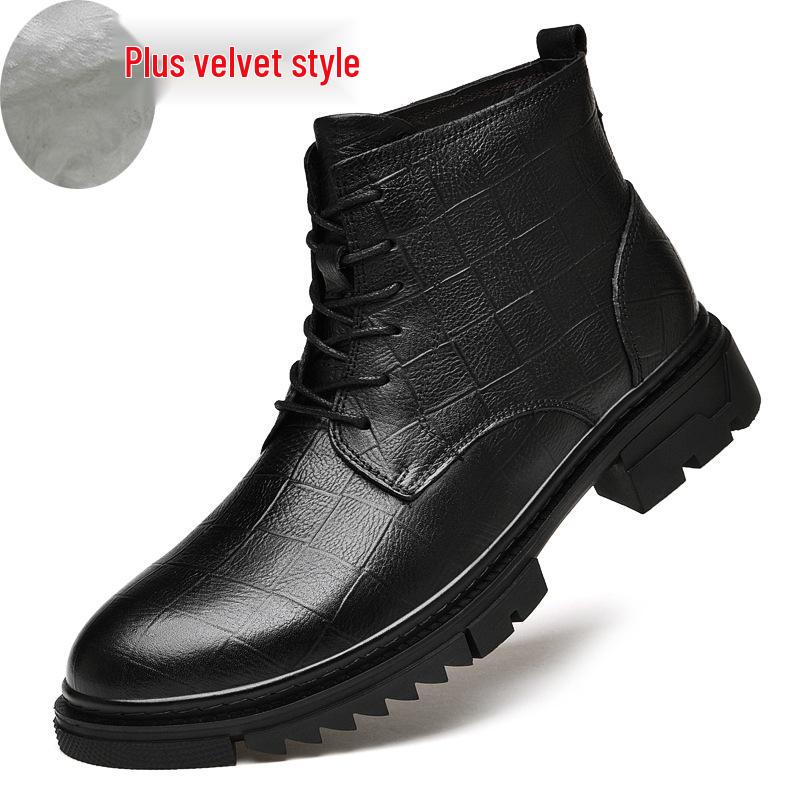 Men's Plus Size Genuine Leather High-Top Martin Boots, Velvet-Lined Winter Work Boots, Snow Boots in Cowhide.