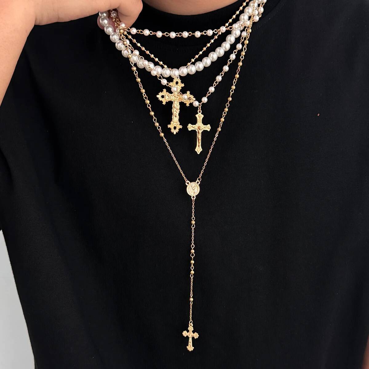 

Lacteo 4 Pcs/Set Bohemia Imitation Pearl Choker Necklace Women Vintage Creative Gold Color Cross Pendant Necklace Charm Jewelry