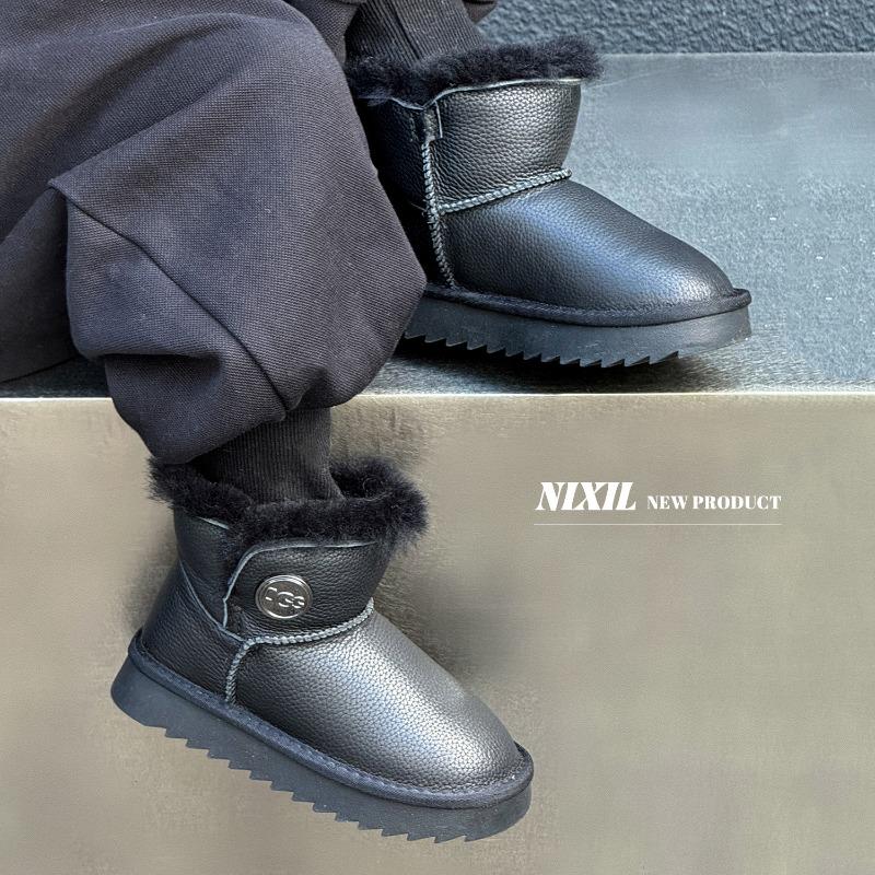 Winter new children's leather snow boots simple and versatile large cotton boots real hairy warm boots for boys and girls