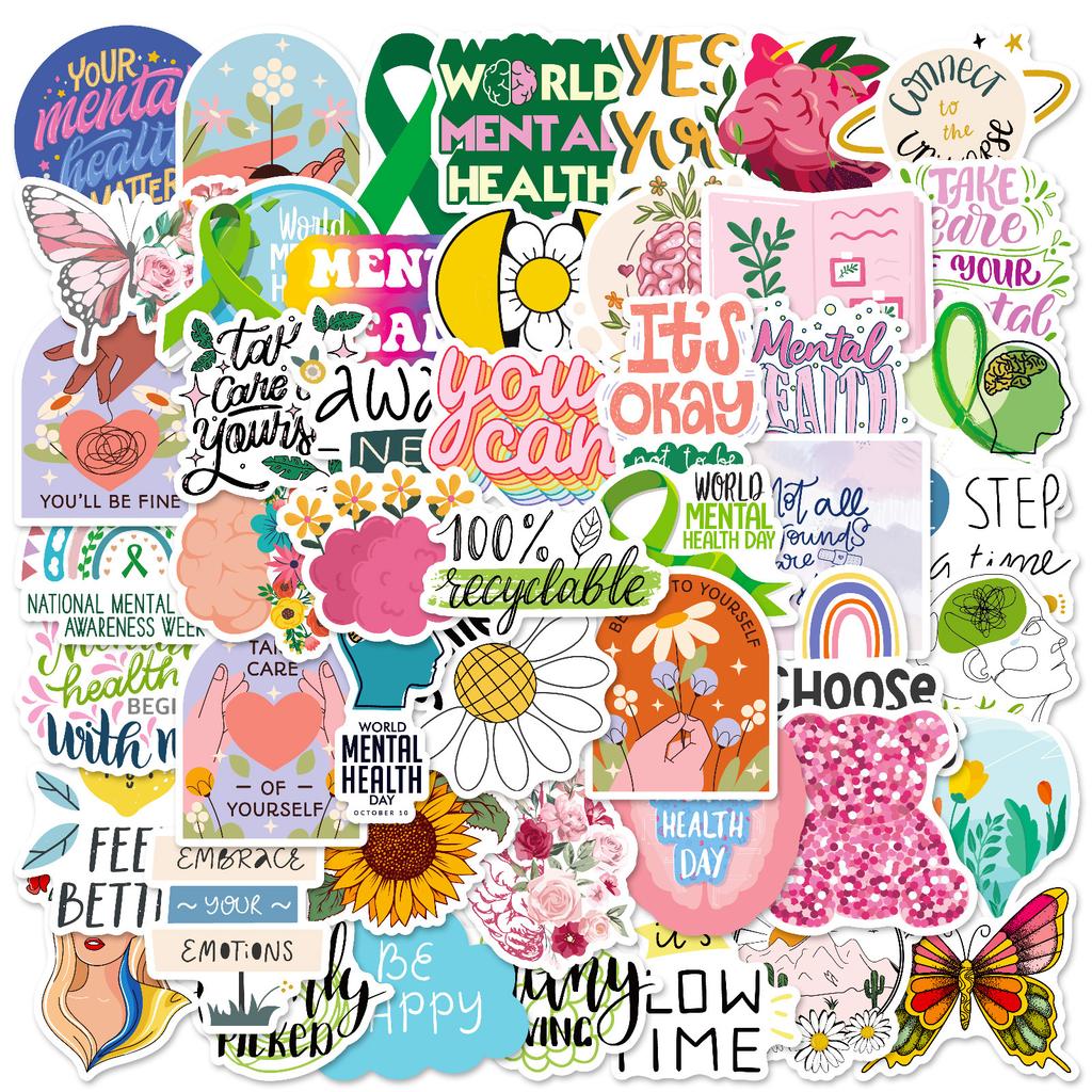 50 Mental Health Stickers Xiaoqing Cartoon English Short Sentences Skateboard Water Cup Waterproof Decorative Sticker