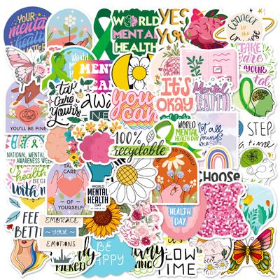 50 Mental Health Stickers Small Fresh Cartoon English Short Sentences Skateboard Water Cup Waterproof Decorative Sticker