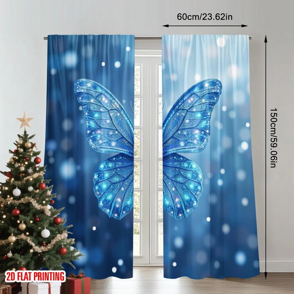 Flat Printing Window Curtains Sparkling Blue Butterfly Jewels Digital Printed Polyester Drapes All Season Party Curtain Set Of 2 Made Washable