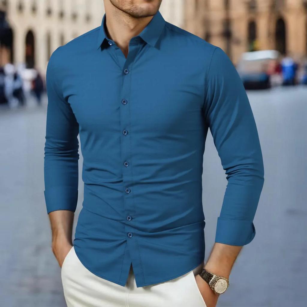 New Men'S Business Casual Long Sleeved Solid Color Shirt Wrinkle Resistant Wrinkle Free Comfortable All Season Versatile Top