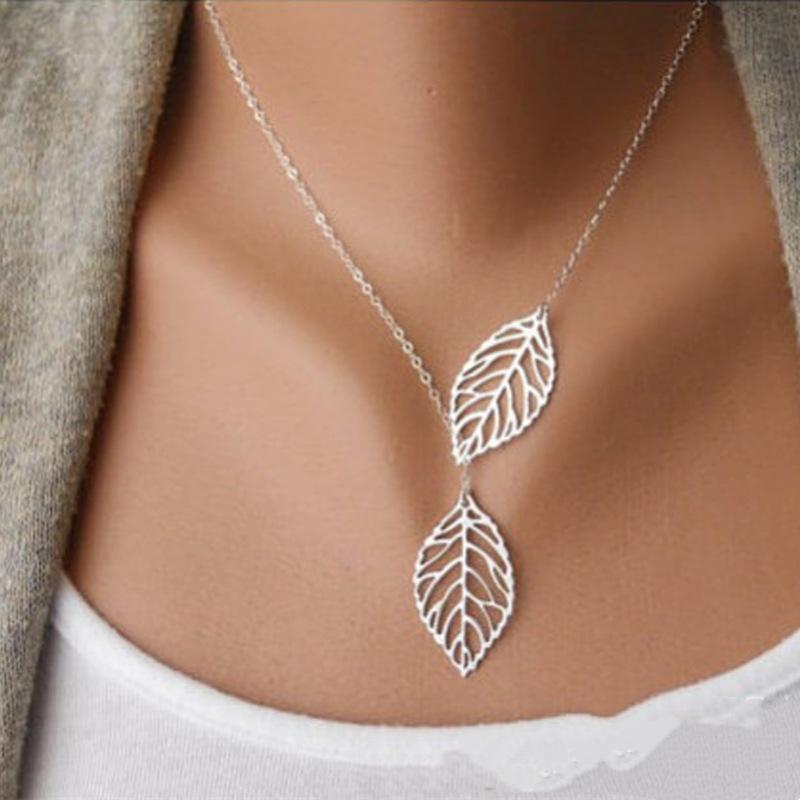 Nová Módní Dvojité Listy Dámský Boho Jednoduchý Slitina Klíční Kost Náhrdelník Listové Přívěsky Náhrdelníky Collares Doplňky Šperky Dárek