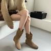 French Leather Retro Pleated Short Boots for Women 2025 Autumn and Winter New Round Head Matte Inner Leather Heightening Thin Boots for Women