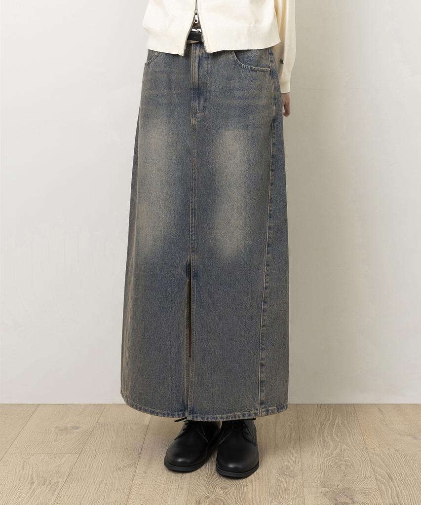 Yujen Slit Washed Denim Long Skirt_Dust Indigo