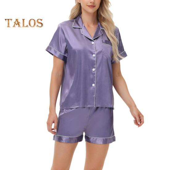 2-teiliges Pyjama-Set, Satin, einreihiges Cardigan-Hemd, V-Ausschnitt, Reverskragen, einfarbiges Hemd mit Brusttasche, lockere Shorts, Nachthemd, Nachtwäsche