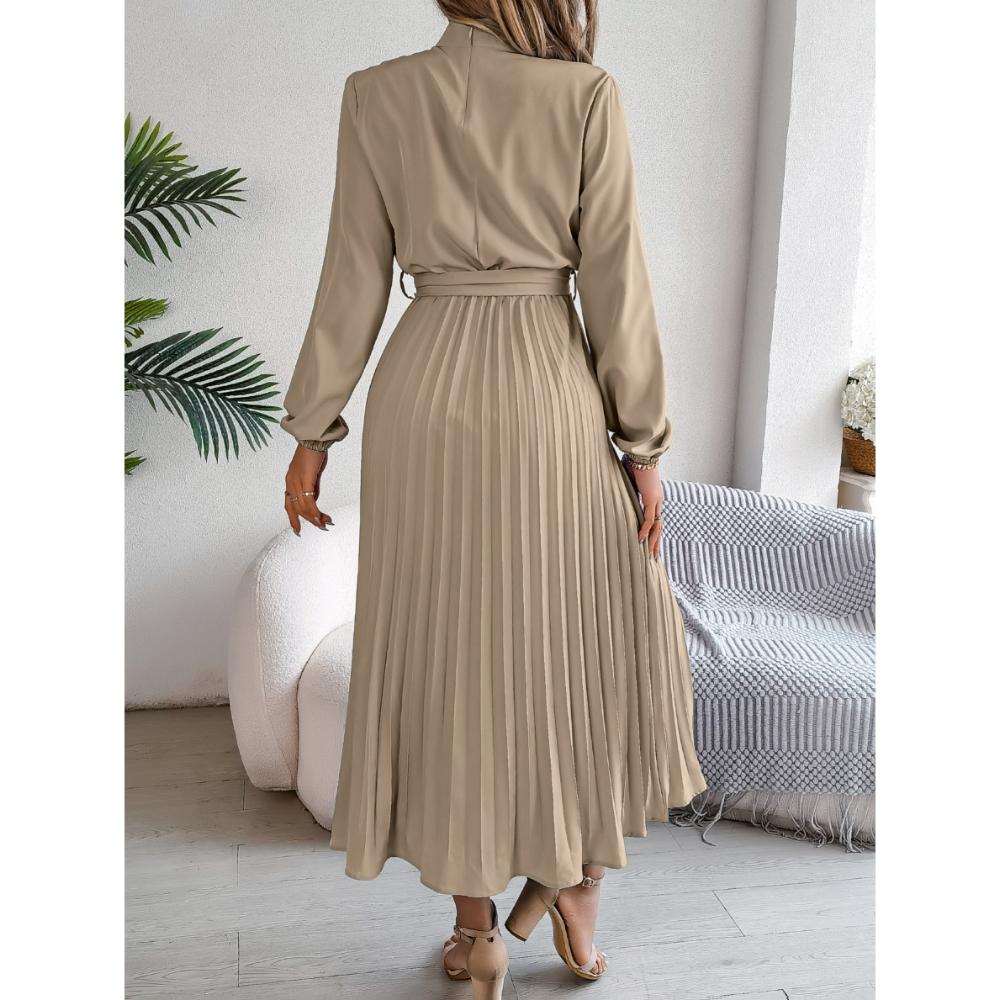 Herbst und Winter Elegantes Stehkragen Langarm Taille Falten Langer Rock Kleid