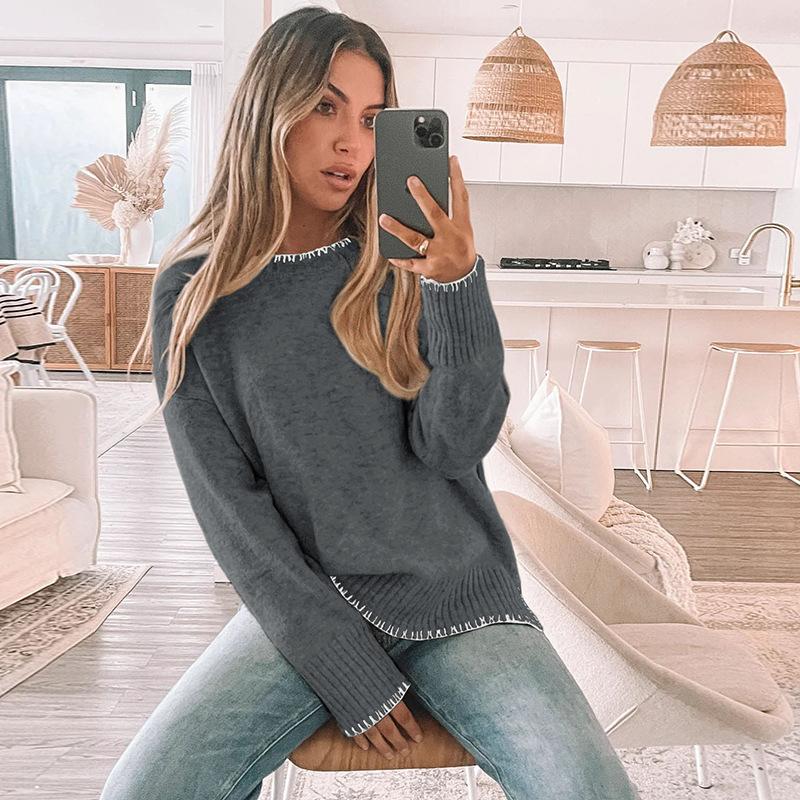 Women's Crew Neck Sweater, Solid Color, Long Sleeve for Fall and Winter
