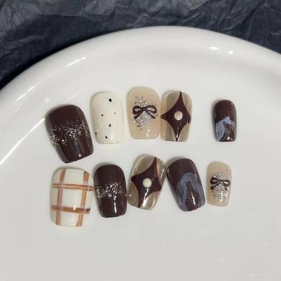 Wearing Armor Pure Handmade Nail Art Finished Fake Nail Patch Autumn and Winter New Style Brown Color White Hand-painted Cartoon