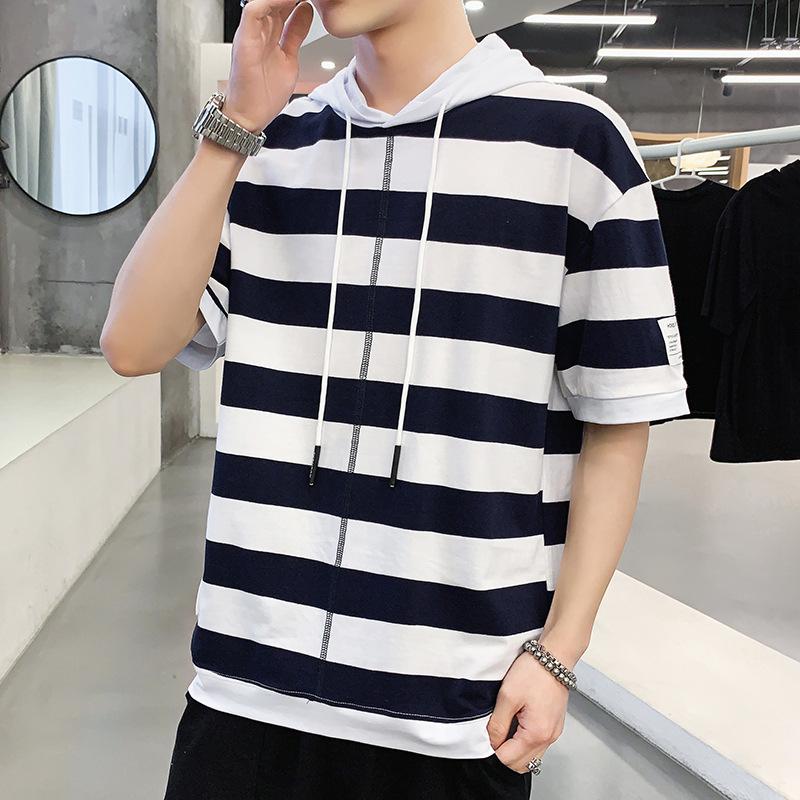 IELGY Halbärmeliges Hemd, gestreift, kurzärmeliges T-Shirt mit Kapuze, lässig, trendig, Kontrastfarbe, lockerer Stoff-Patch für Herren