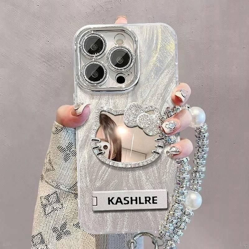 Fine Hole Flashing Powder Feather Yarn Suitable for Apple 16 Mobile Phone Case KT Cat with Mirror Iphone15promax Protective Case 14