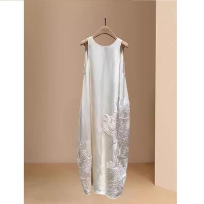 French Acetate Vest Dress Summer Loose Embroidery Suspender Dresses Women O-neck Backless Sleeveless Mid Vestidos