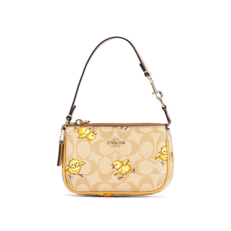 COACH Nolita 15 Chicken Cartoon Animal Print Chain Artificial Leather Wrist Bag Clutch Regular Women's Khaki Color Yellow