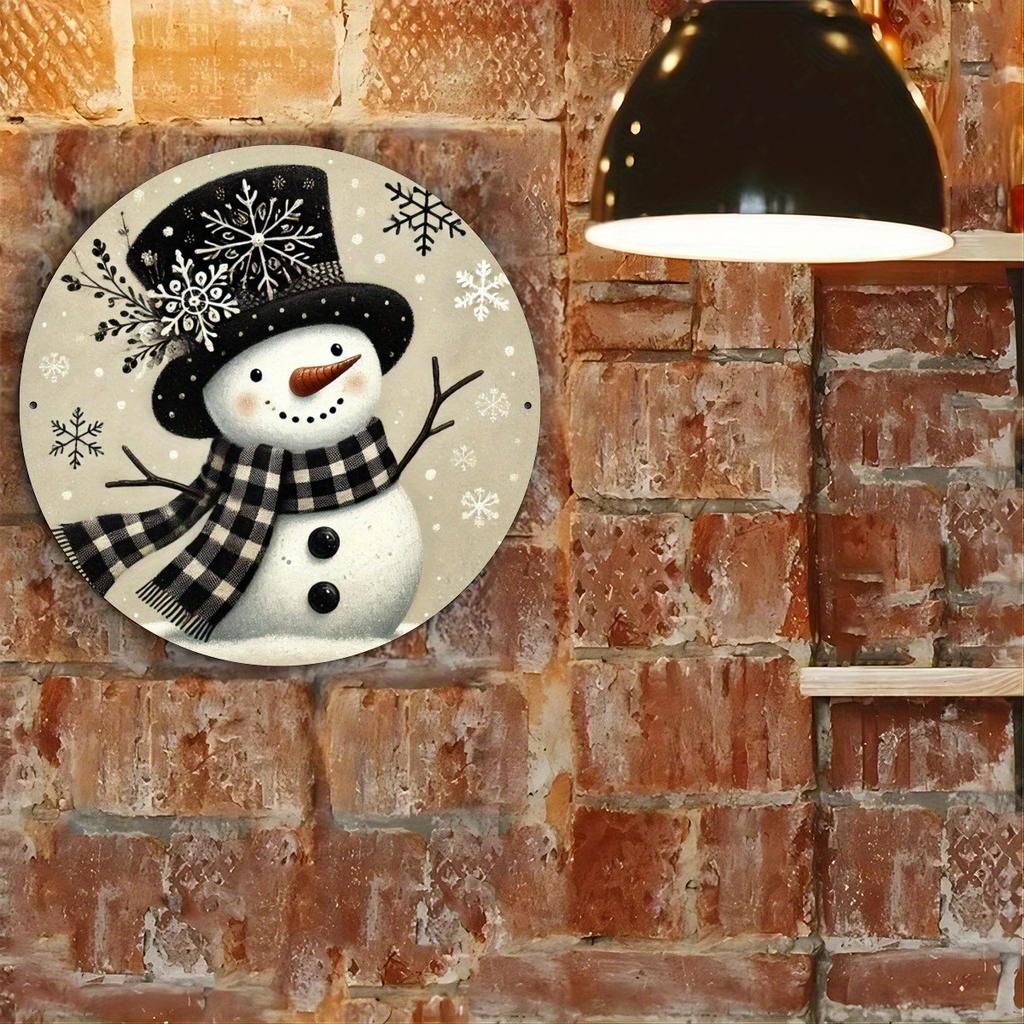 Snowman Christmas Sign. 7.8" Round Aluminum, Waterproof Decor for Home, Office or Coffee Shop.