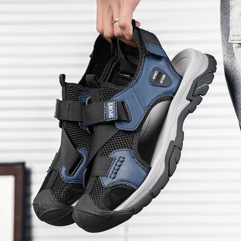 New Arrival Leather Summer Flats Lightweight Breathable Beach Shoes Comfortable Sandals Handmade Anti-collision Toe Men Sandals