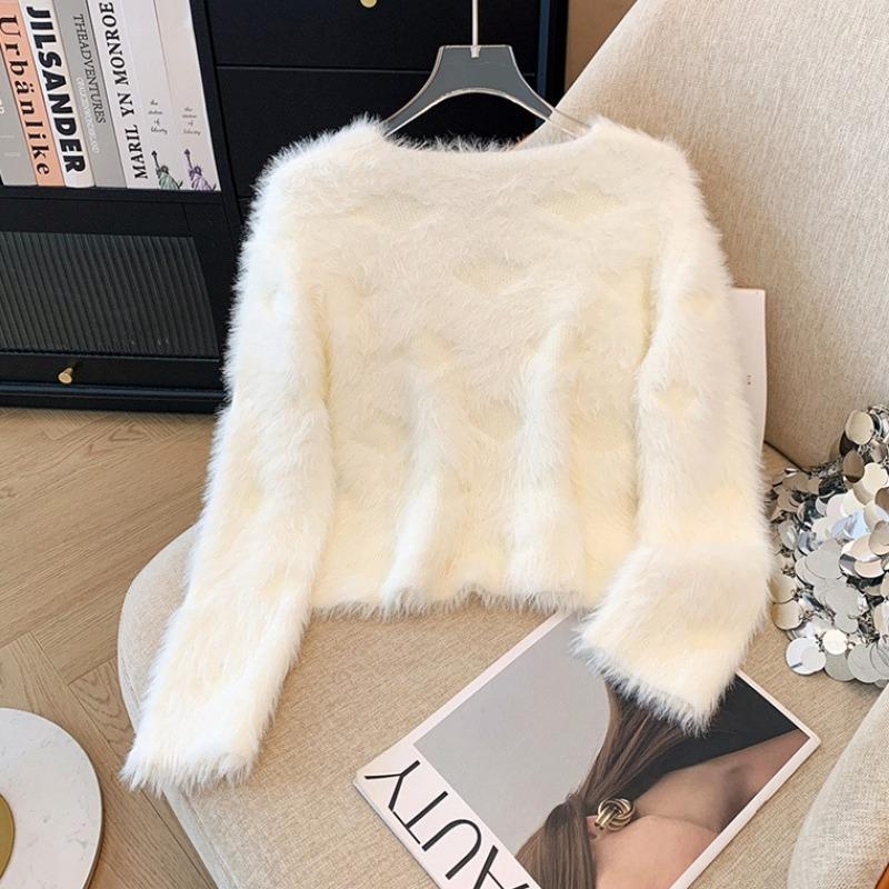 Autumn Winter Women Sweet V-neck Soft Furry Mohair Beading Knitted Sweater Christmas Short Pullover Tops