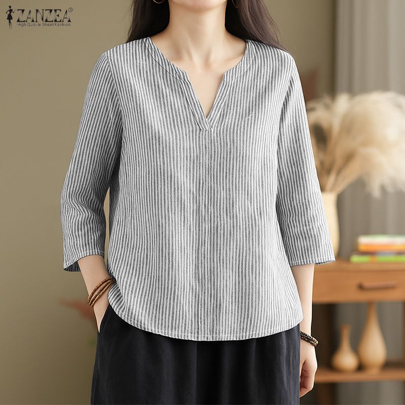 ZANZEA Lässige Bluse mit V-Ausschnitt und 3/4-Ärmeln für Damen