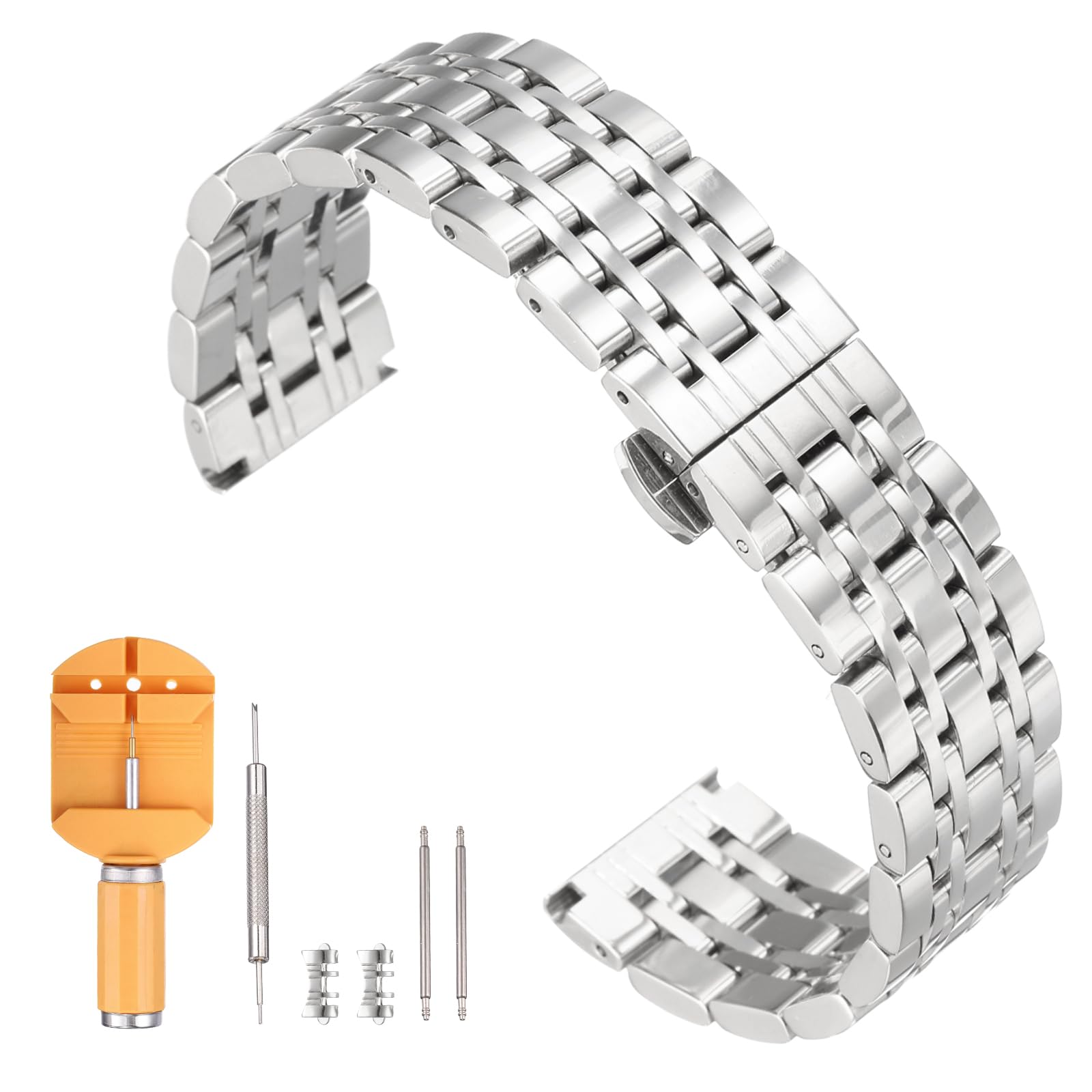 

[uxcell] Stainless Steel Watch Band 22mm Quick Release Metal Polished Finish Butterfly Buckle Watch Strap with Removal Tool Men s Women s Silver Tone