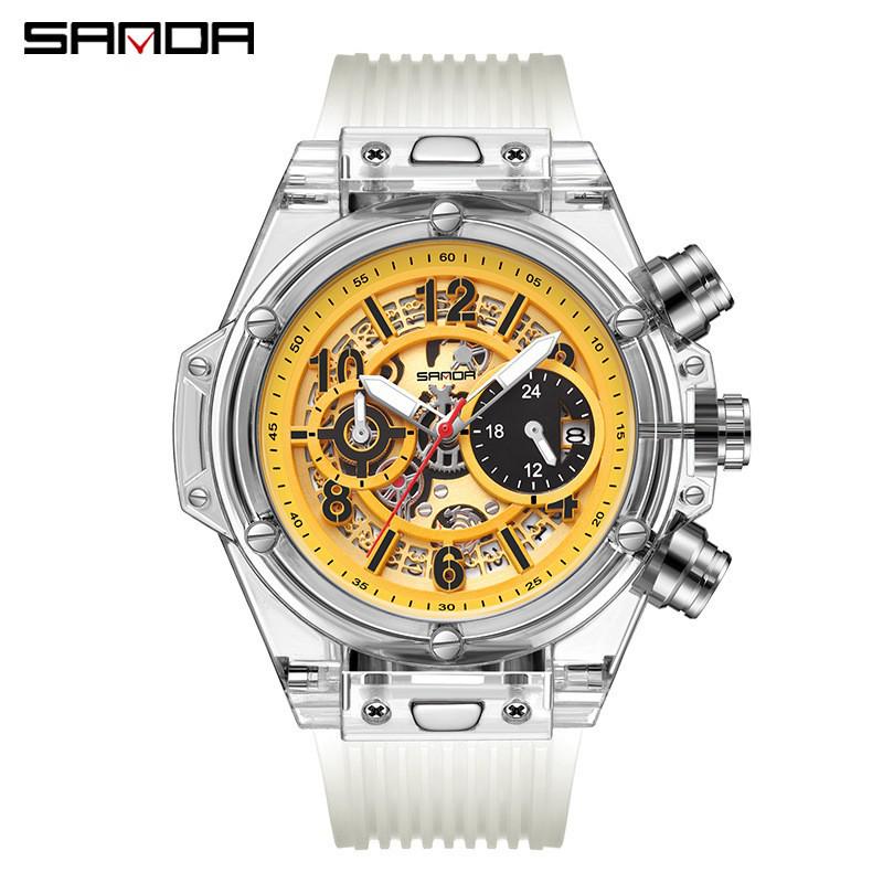 Sanda Men's Waterproof Luminous Quartz Watch - Fashionable Three-Eye Six-Hand Design with Steel Band.