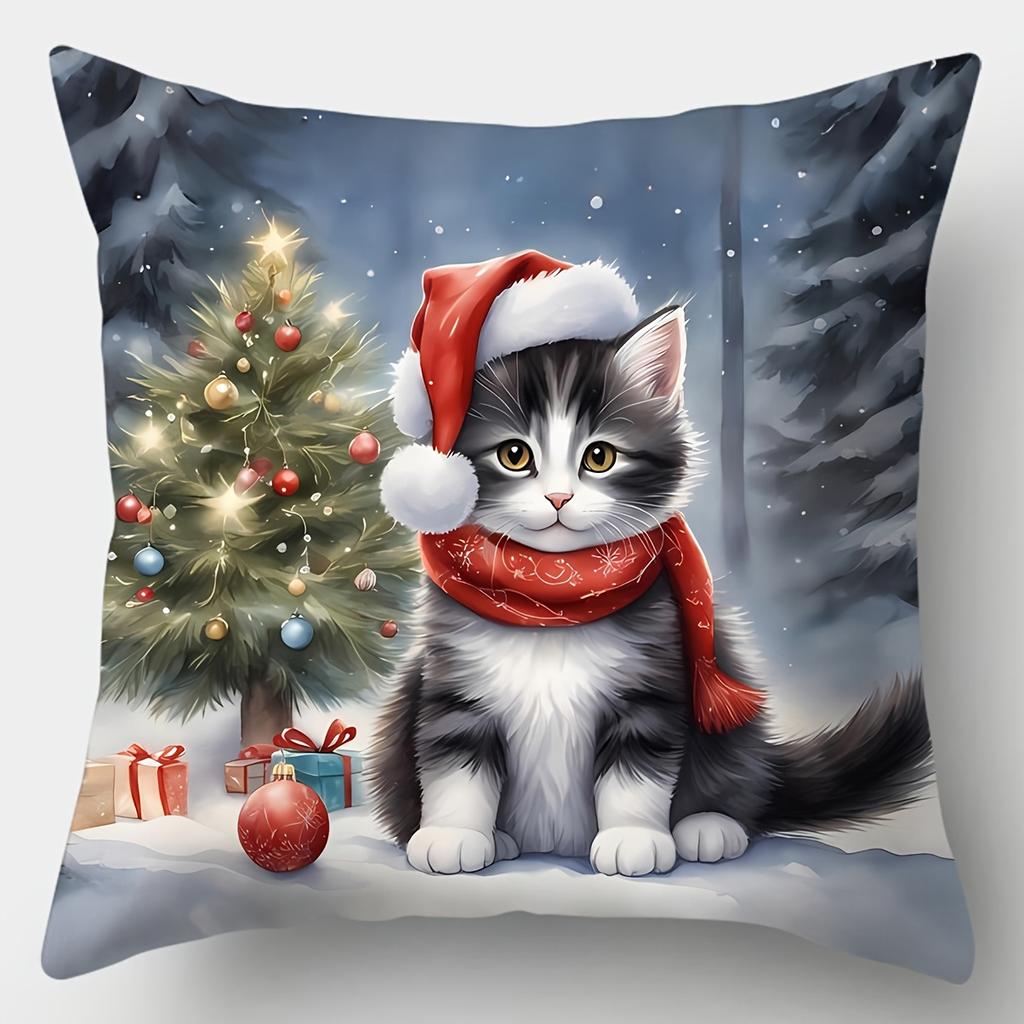 4Pcs Christmas Pillow Covers Cute Cat Santa Hat Christmas Tree Ornament Snowy Sky Gift 2D Flat Home Decor Cushion