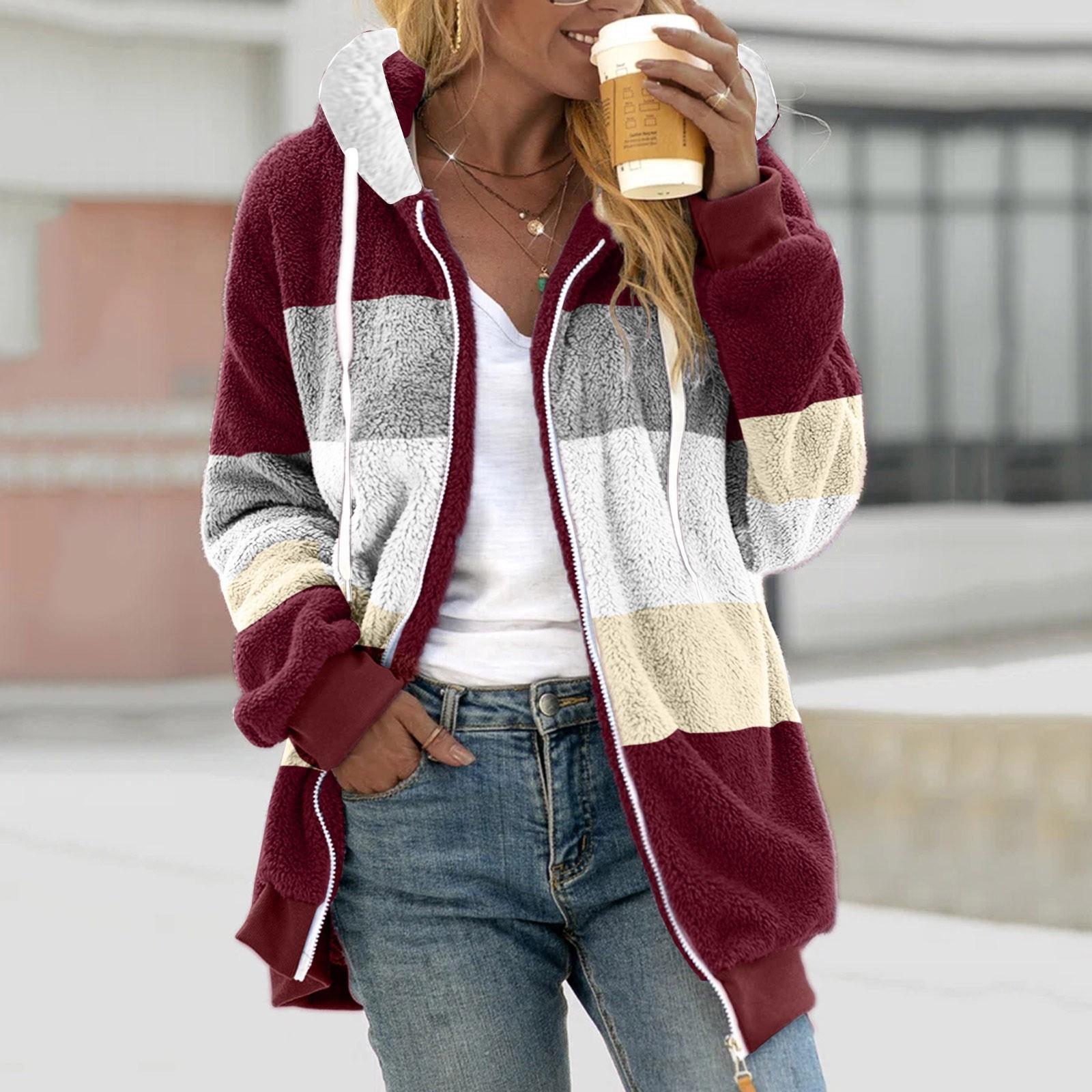 

Женская мода шить свободные толстовки с длинным рукавом плюшевое пальто на молнии XL винный