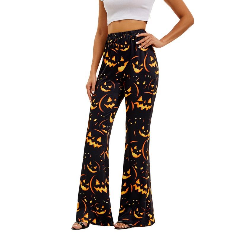 

New Women s Halloween Flared Pants Pumpkin Bat Digital Printing Fashion Women s Trousers 2XL