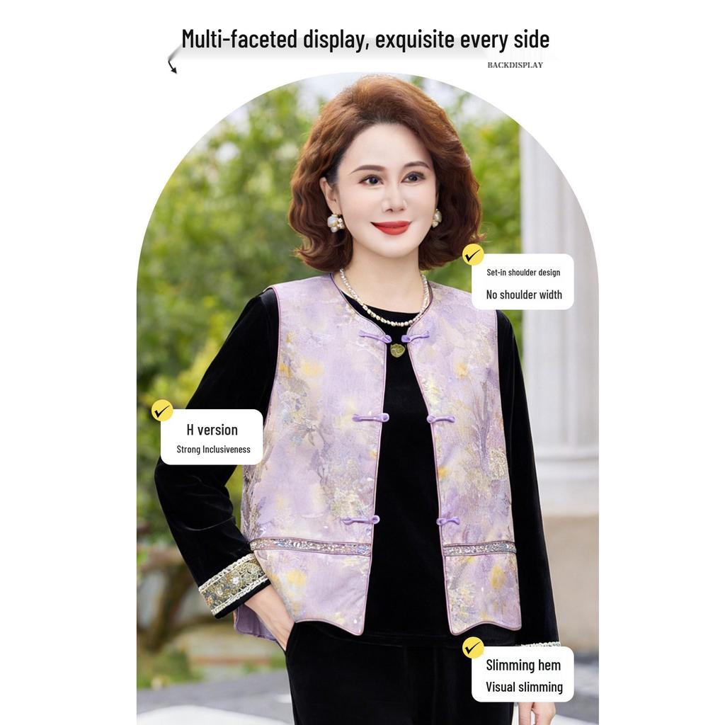 Gold Velvet Suit for Middle-aged Women - Spring/Autumn Noble Lady Three-Piece Set with Chinese Style Printed Vest.