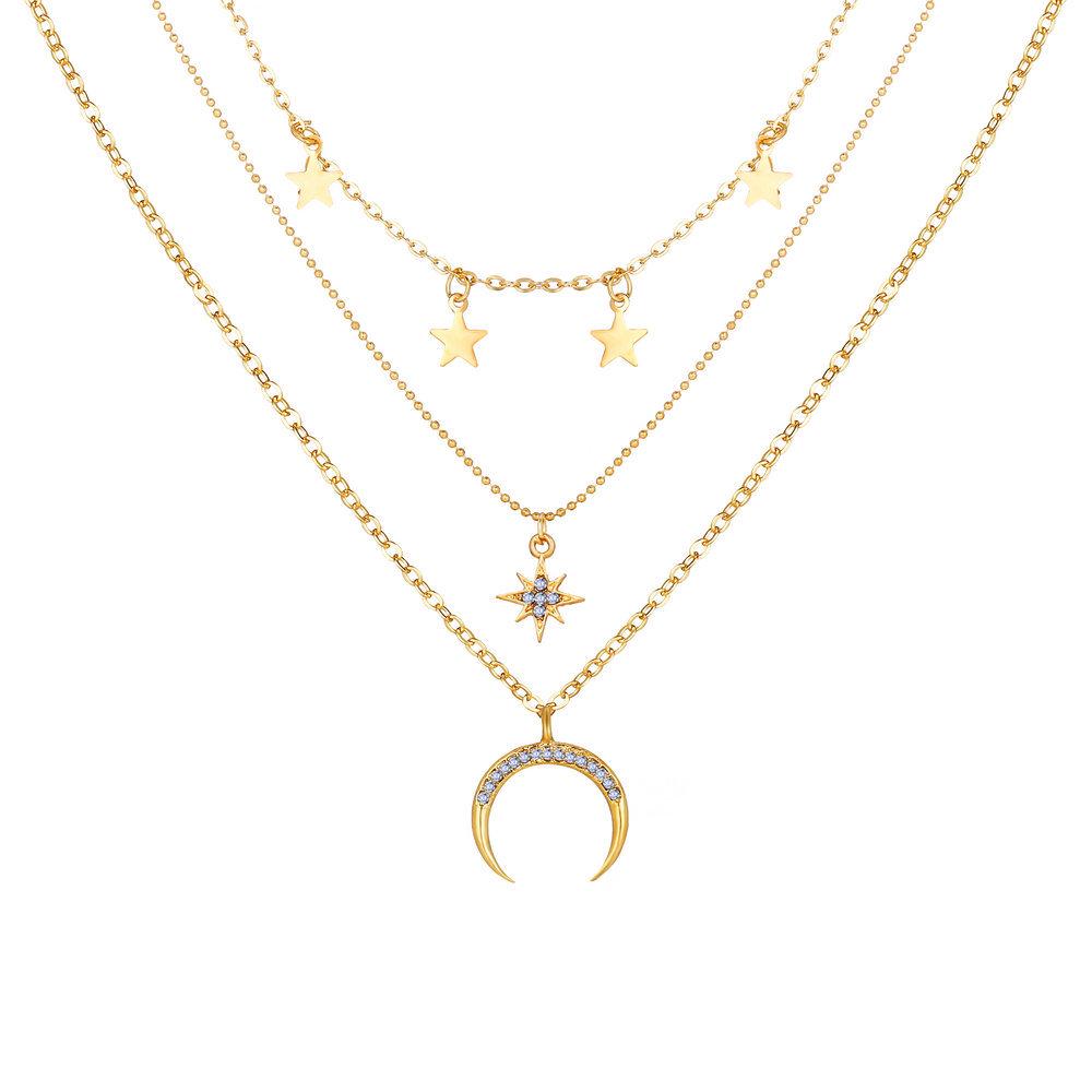 Retro Crescent Star Multi-Layer Necklace with Pentagram Pendant