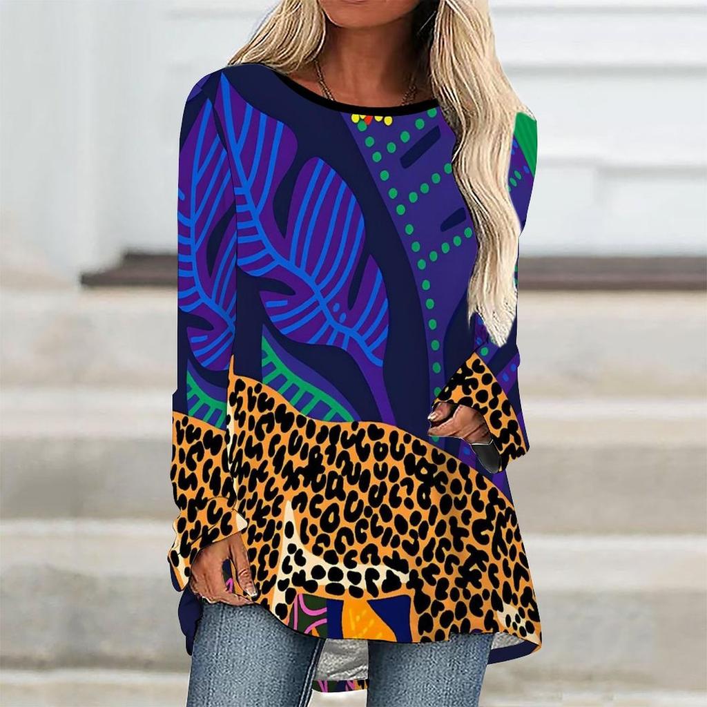Plus Size Women Spring Floral Printed Comfy Long Sleeve Round Collar T-shirt Casual Baggy Mid Length Tee Tops