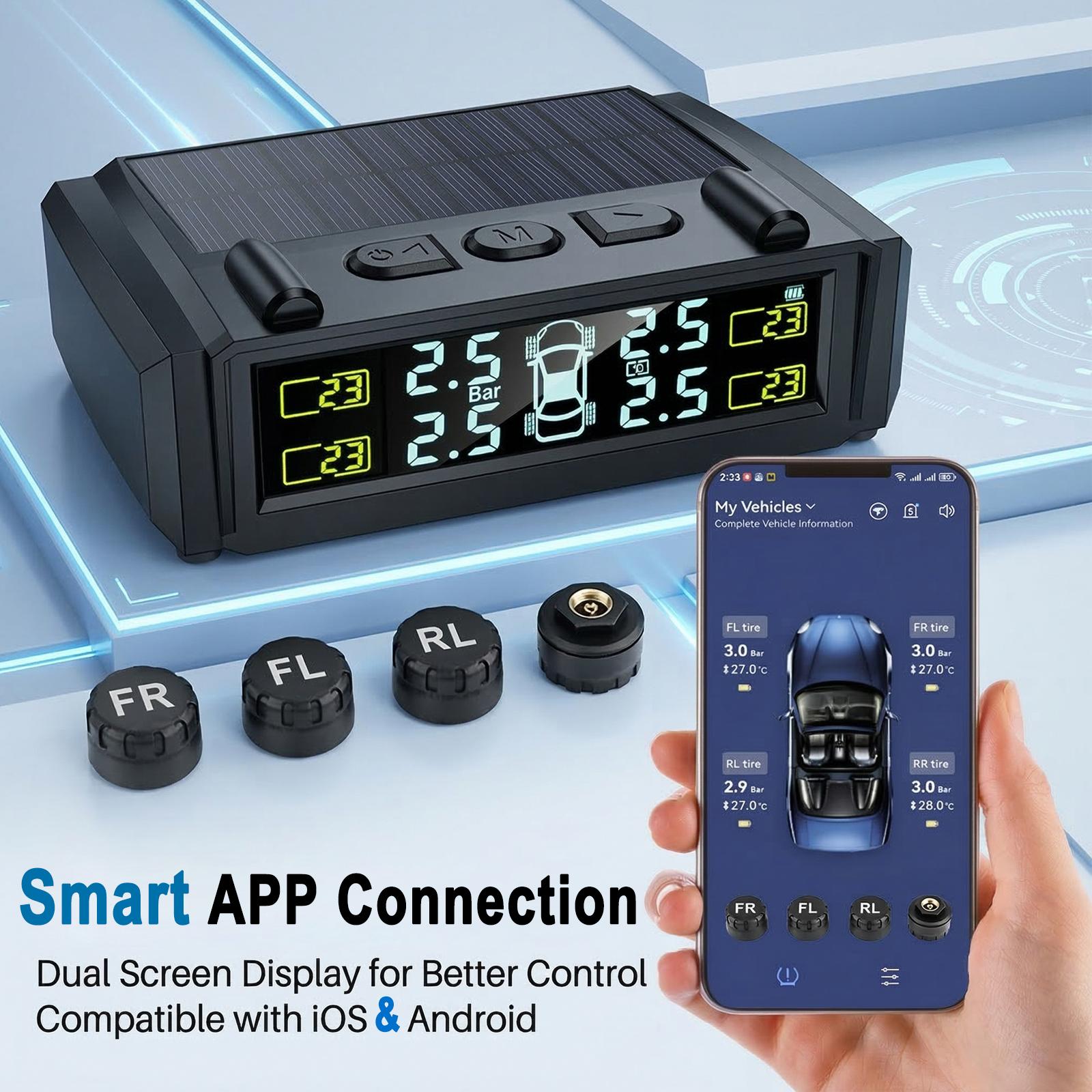 

Tire Pressure Monitoring System with APP Real-time Solar Wireless with 4 Tire Pressure Sensor Auto Security Alarm for SUV MPV Truck Sedan чёрный