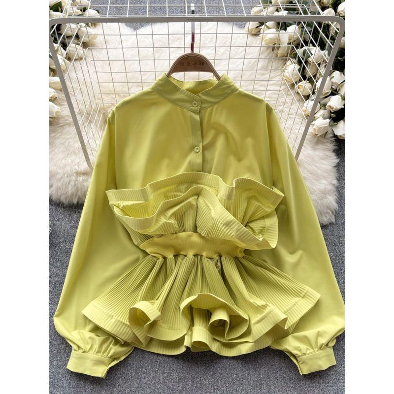 Socialite Puff Sleeves Autumn Waist Trimming Ruffles Shirt