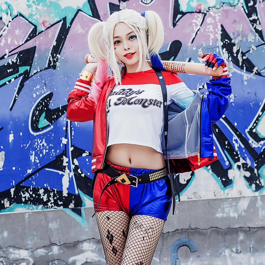 Harley Quinn Cosplay Costume with Wig Version x Black Red x Harley Quinn Suicide Squad Style Halloween Costume for Women Version x [milky time] -