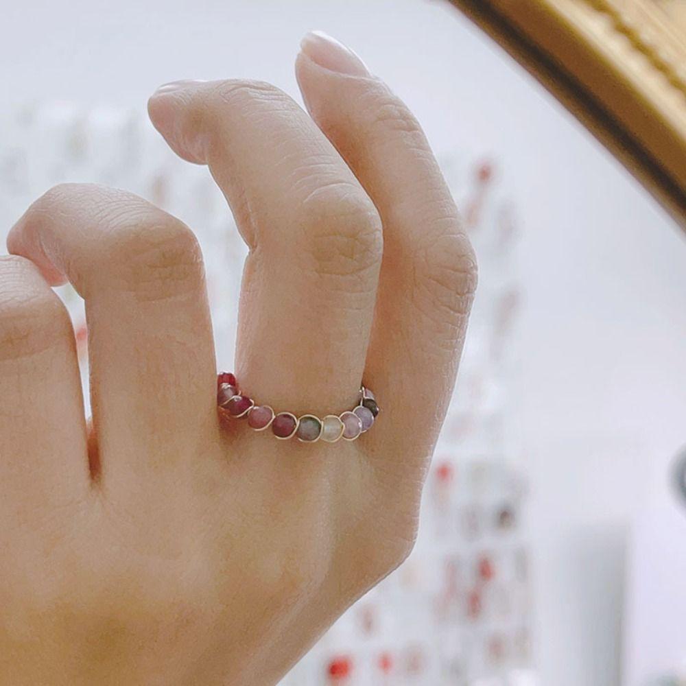 3PCS Light Luxury Colorful Beads Ring Finger Jewelry Opening Ring Vintage Round Bead Ring  Women