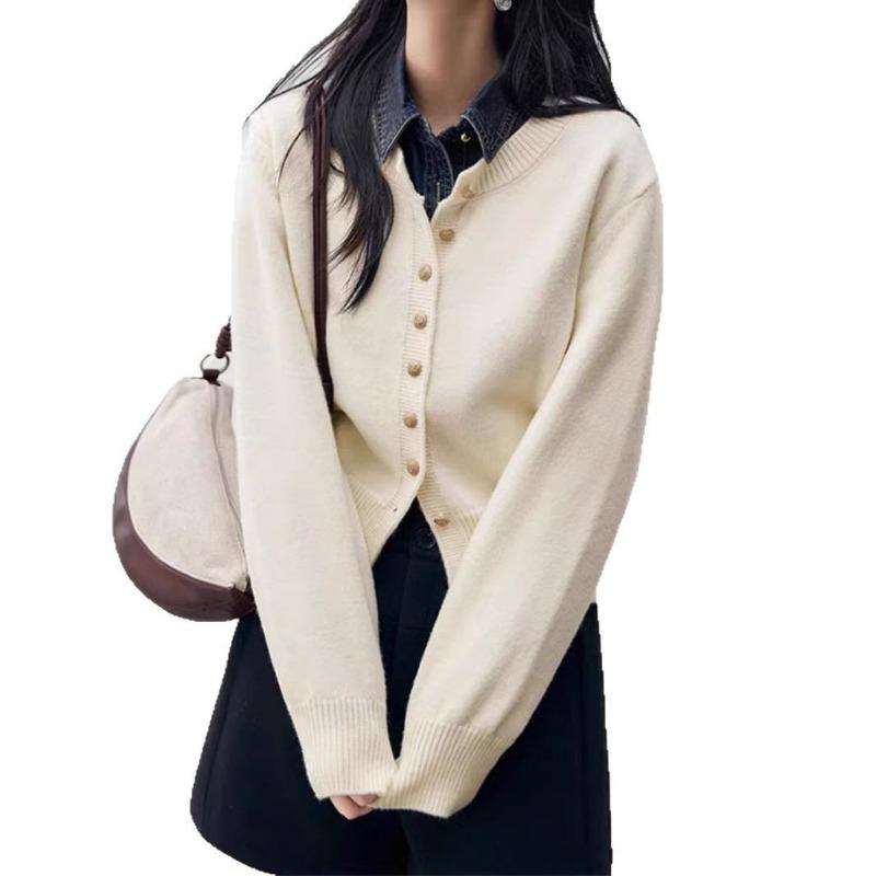 New single-breasted simple solid color round neck long-sleeved knitted cardigan women's versatile temperament sweater cardigan women's