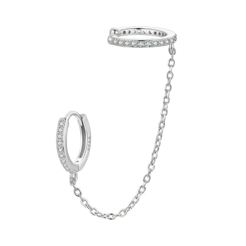 BAMOER 925 Silver 1 PC Double Circle Mono Hoop Earrings Long Chain CZ Earrings for Women Engagement Stackable Jewelry