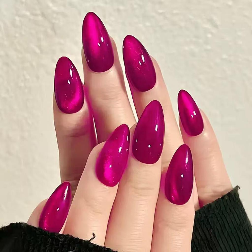 Pitaya Color Rose Red Shiny Cat Eye Manicure Almond Fake Nails