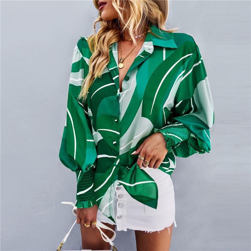 Women's Spring 2025 Long-Sleeve Print Shirt with Turn-Down Collar and Lantern Sleeves