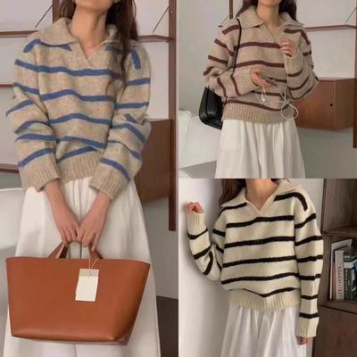 POLO Collar Collision Striped Jumper Women Autumn and Winter Fashion Design Sense Pullover Long-sleeved Knit Sweater Tops