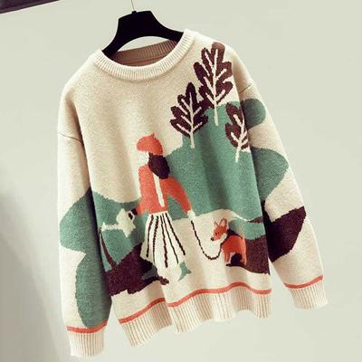 Sweater Women Fall and Winter Loose Thickened Comfortable Warm Inner Casual Versatile Elastic Printed Pullover Knit Sweater Tops