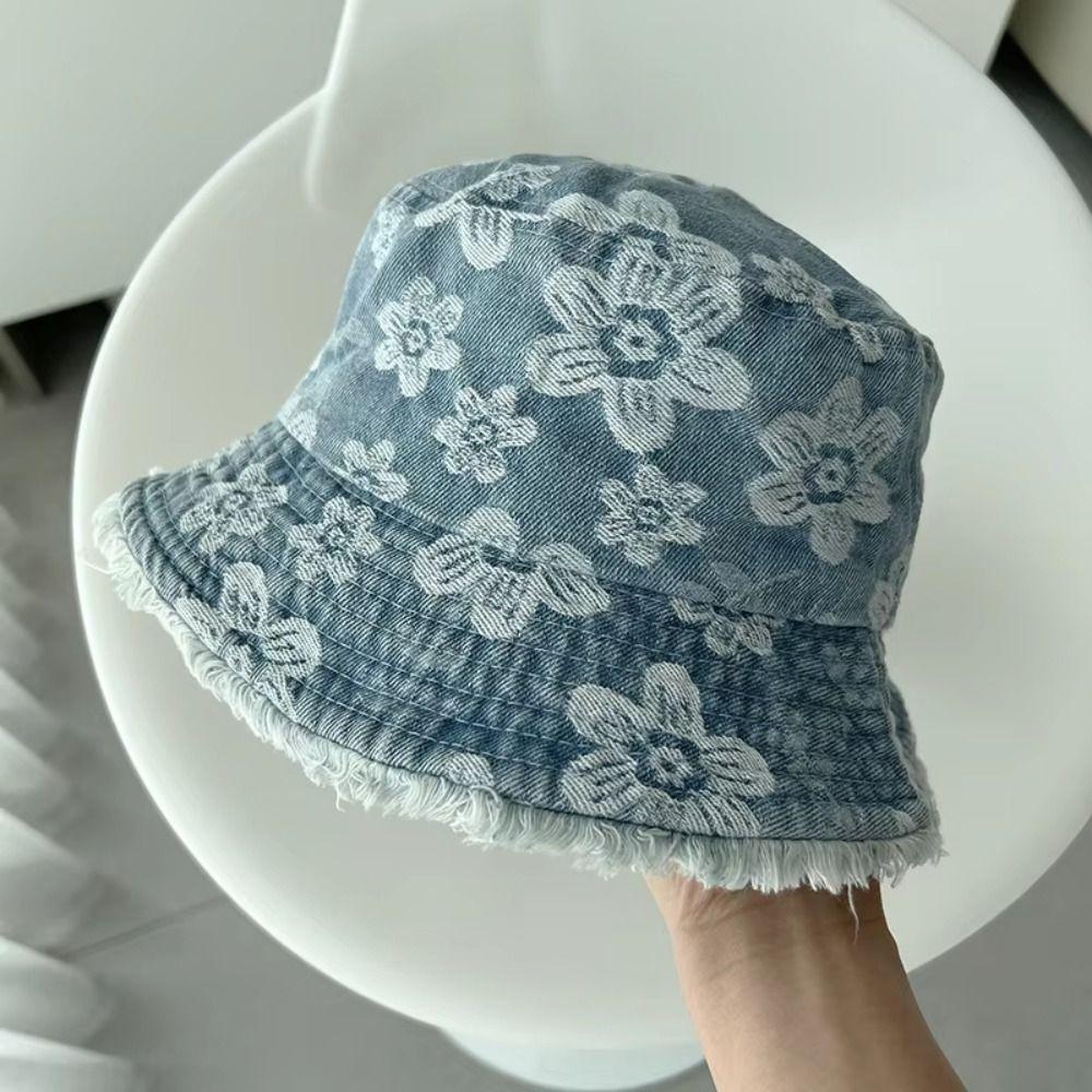 Flower Embroidered Denim Fisherman Hat Frayed Brim Sunscreen Sun Cap Cowboy Bucket Hats  Travel