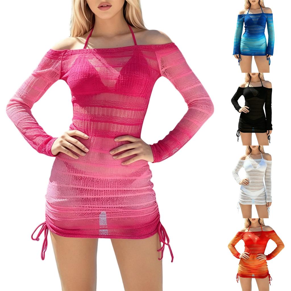 Women Mesh Long Sleeve Cover Up Bikini Set Three Piece Includes Sheer Off Shoulder Dress and Two Piece Swimsuit for Beach Pool Vacation