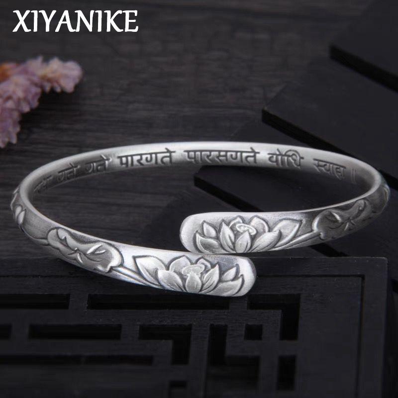 Vintage Silver Lotus Flower Cuff Bracelet for Women Ethnic Party Jewelry