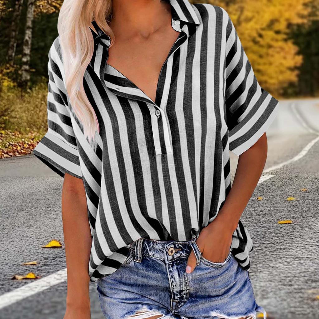 Womens Loose Fit Vertical Stripe Short Sleeve Button Down Collared Shirt Casual Lightweight Blouse Top