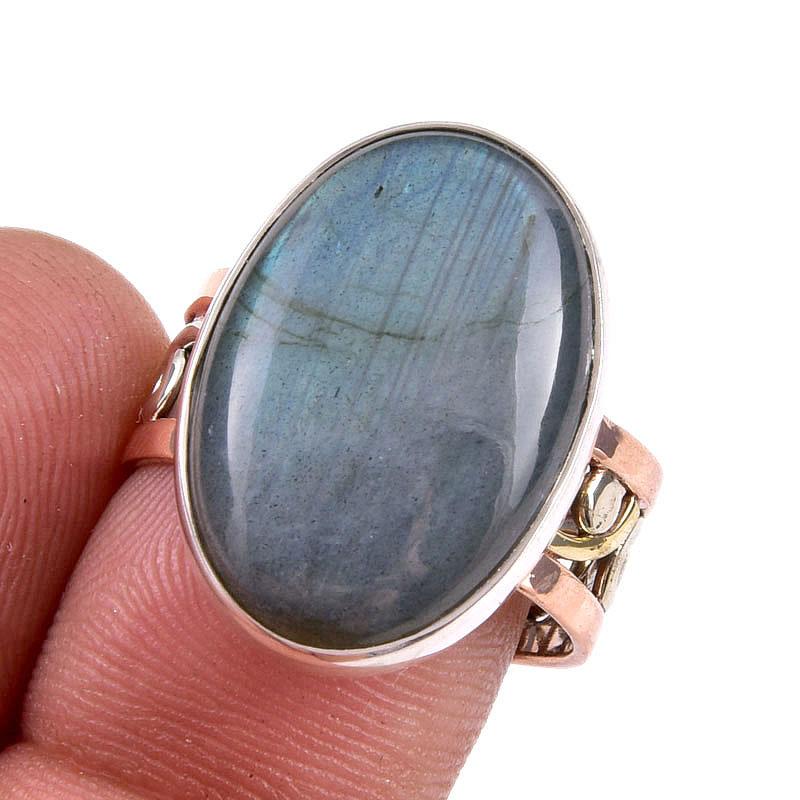 

Natural Labradorite Gemstone Handmade 925 Sterling Silver Two Tone Ring S.8 H4E26