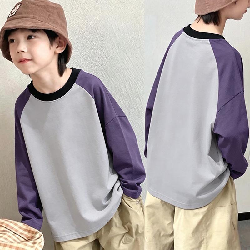 Boys' Color Block Crew Neck Long Sleeve T-shirt - Pure Cotton Base Layer Top for Spring & Autumn 2026