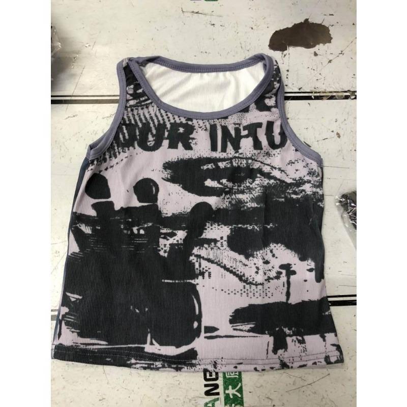 2KWEIRD Grunge Punk Tie Dye Öga Bokstavsgrafik Tanktop Dam Sommar Y2K Kläder Casual Rund Hals Ärmlös Cropped Top Väst Streetwear
