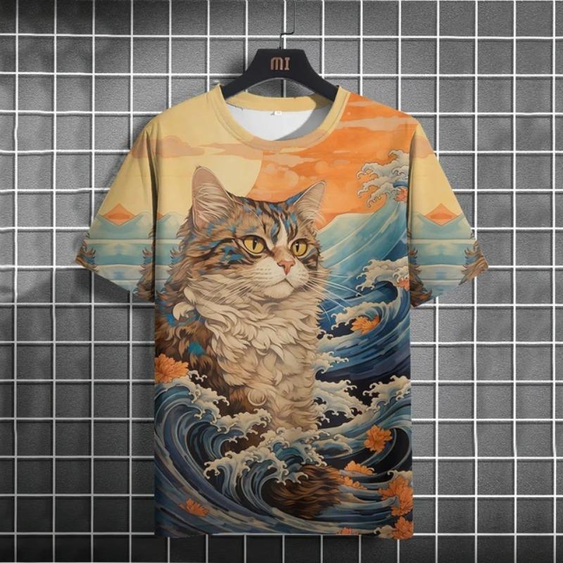 Women's Summer Casual Loose Plus Size 3D Cat Print Round Neck Short Sleeved T-shirt Top S- 6XL
